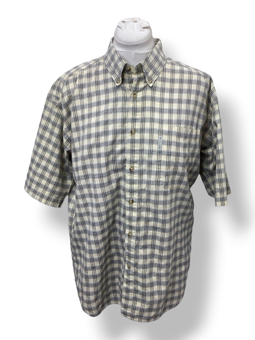 Columbia Mens Short Sleeve Plaid Button Down Shirt VTG Y2K Gorpcore Cream L